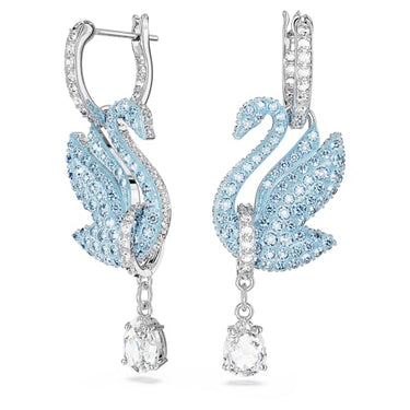 Swarovski Iconic Swan Earrings, Blue and Rhodium-Plated Hoop Earrings with Radiant Swan Pendant on Sale